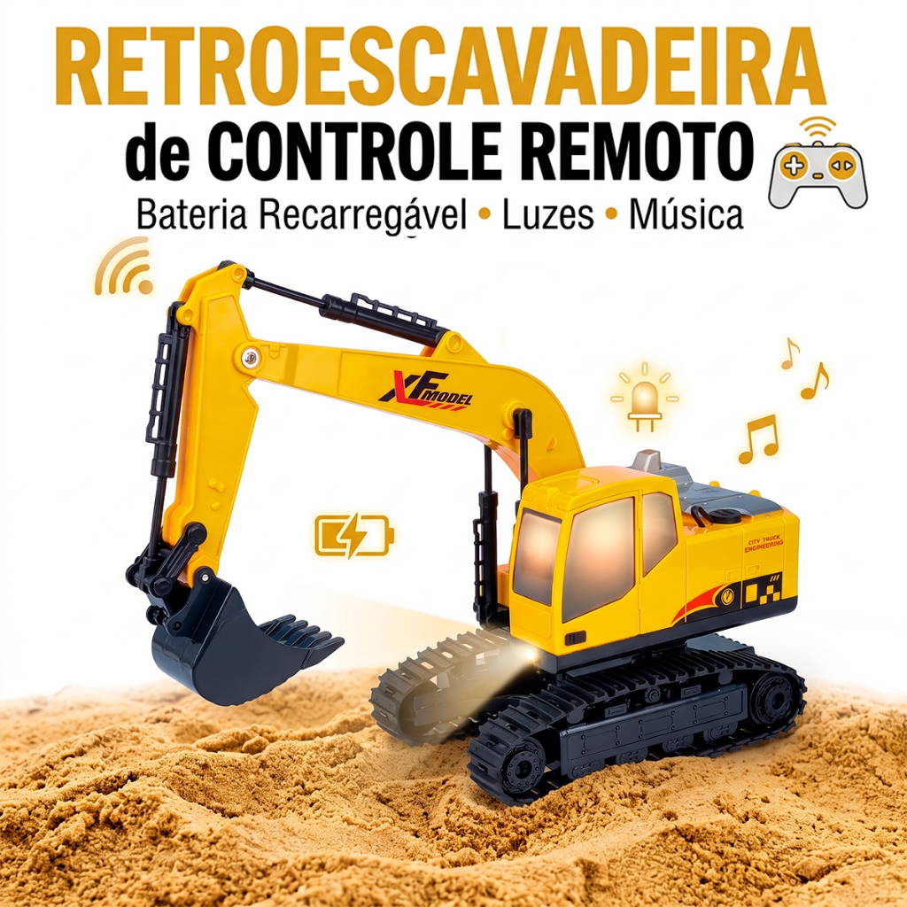 Escavadeira Controle Remoto Com Fumaça Sonoro 7 Canais 360° Infantil Menino