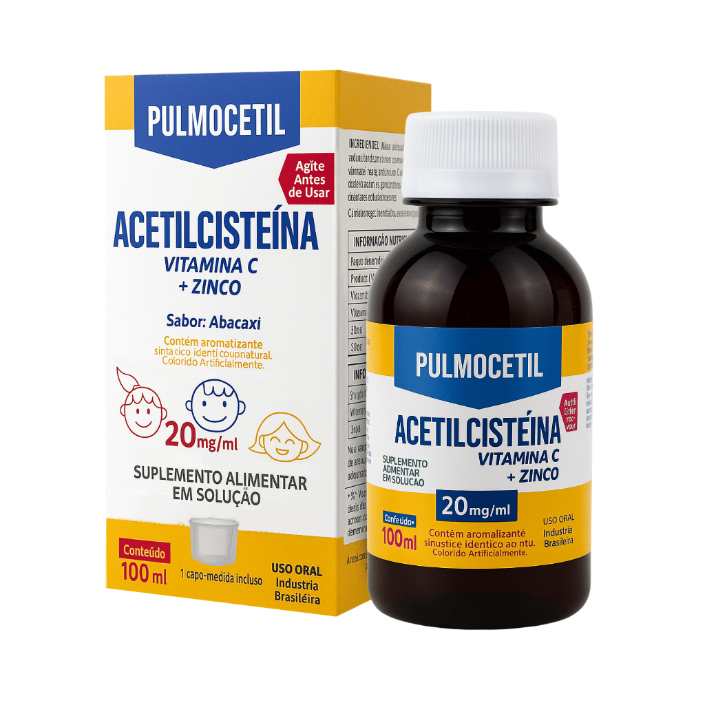 NAC Infantil Xarope Pulmocetil Kids 20mg N-Acetilcisteína Sabor Abacaxi Suplemento Alimentar Aroma Bem Estar