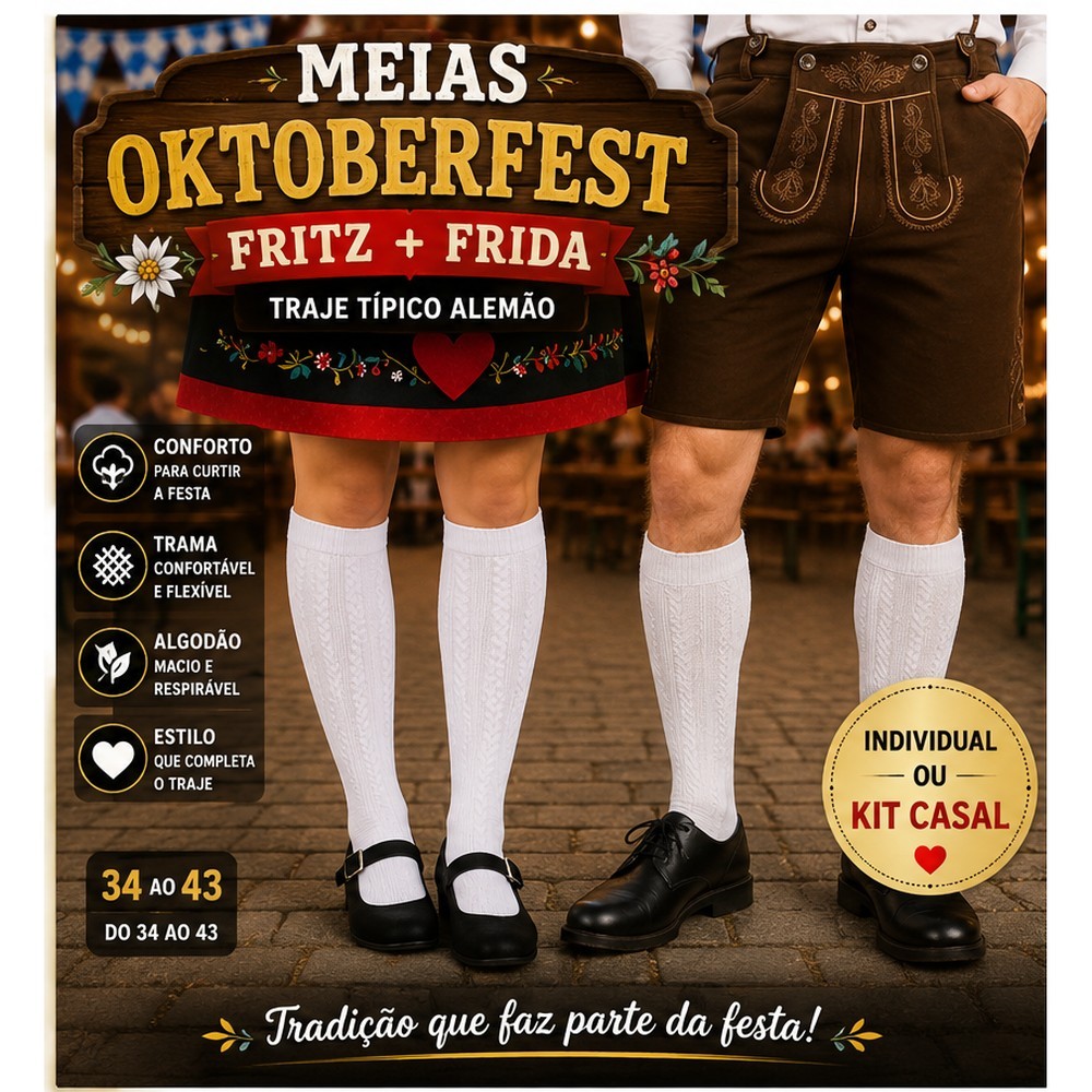 Meia Oktoberfest Fritz e Frida 3/4 | Traje Típico Alemão Masculino Feminino | Kit Casal