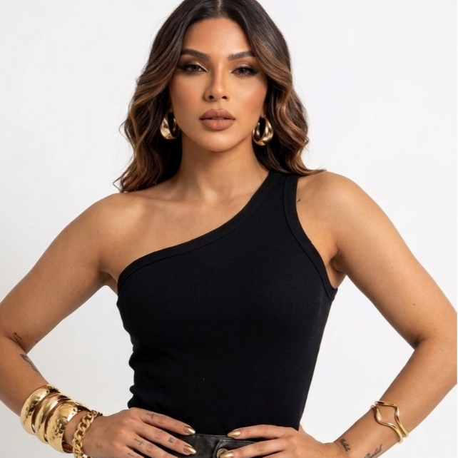Blusa Feminina Regata Ombro Só Decote Assimétrico Tecido Ribana Canelada Premium Tendência - Veste 36 ao 42