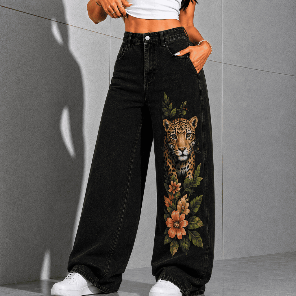Calça Jeans Wide Leg Feminina, Onça Floral Vintage.