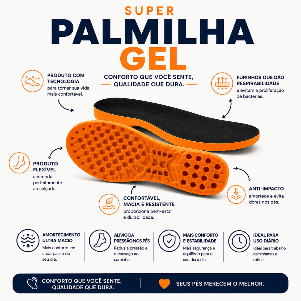 Palmilha Ortopédica em Gel Unissex P.U Anatômica Alivia Dores Esporão é Confortável Macia