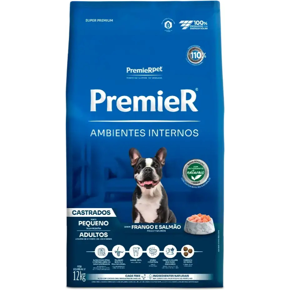 Ração Premier Ambientes Internos Cães Castrados Adultos Frango e Salmão 12 kg