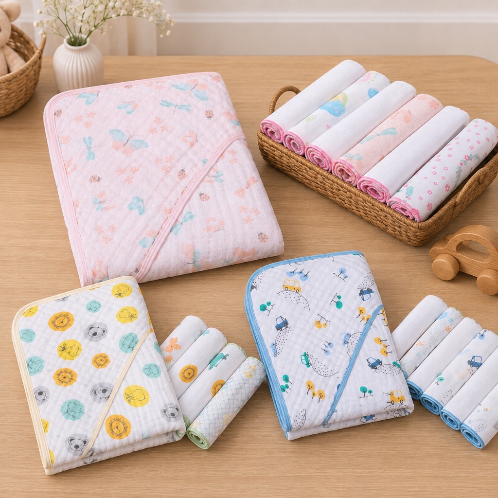 TOALHA DE BANHO SOFT 2 CAMADAS PAPI + PANOS DE BOCA BABETE C/ 6UN - P/ BEBÊ- KIT ENXOVAL7 PEÇAS PAPI