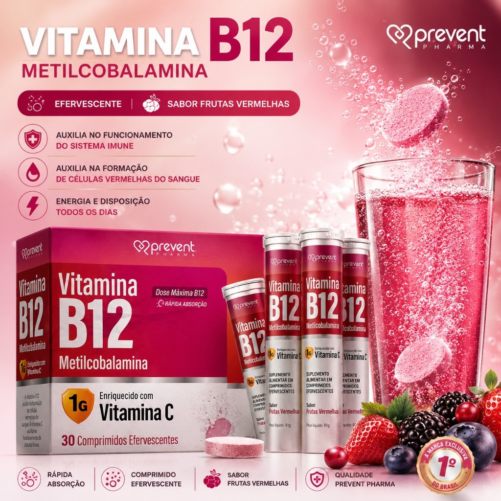 B12 Metilcobalamina + Vitamina C | Frutas Vermelhas - 30 comprimidos Efervescente