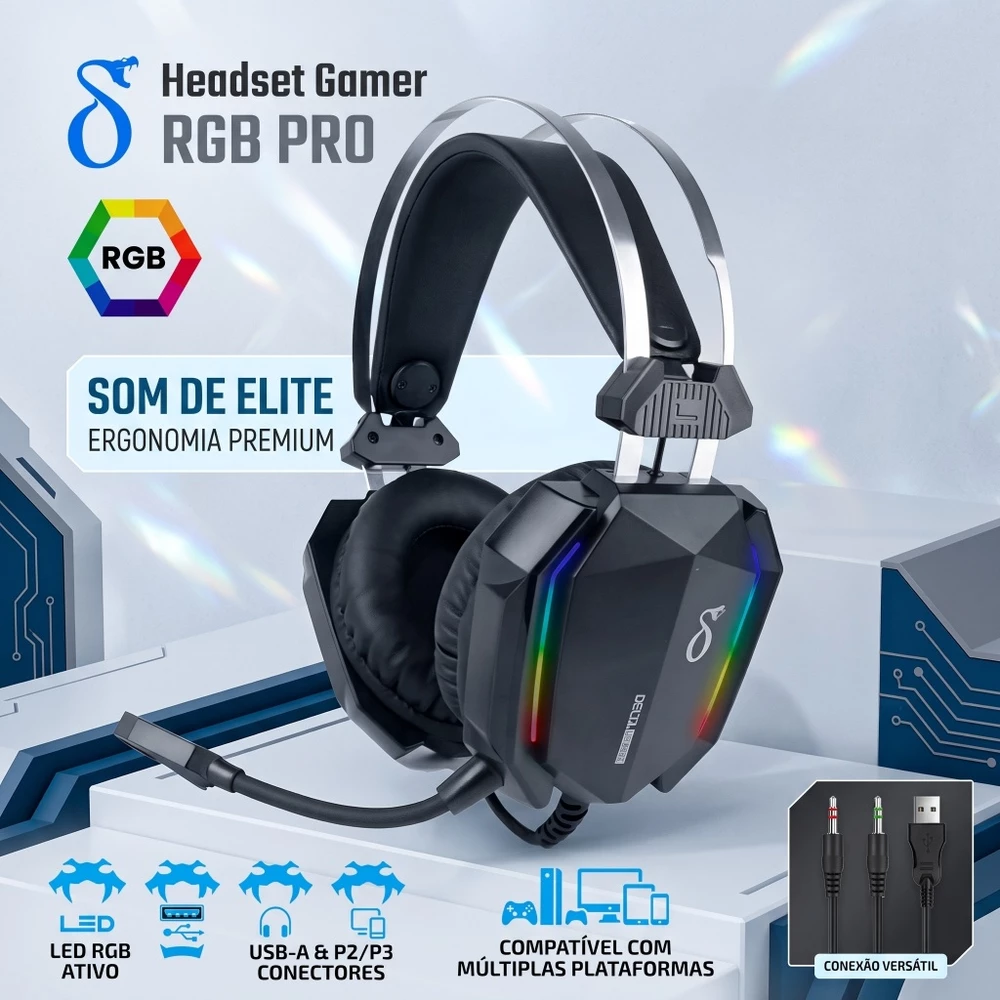 Headset Gamer RGB com Microfone, Som Envolvente 3D, P2 + USB, Luz LED RGB,Alta Performance