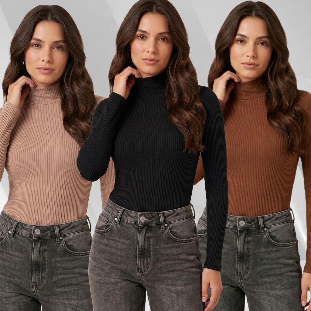 Kit 3 Blusas Cacharrel Feminina Manga Longa com Gola Alta Canelada Confortável Para o Inverno