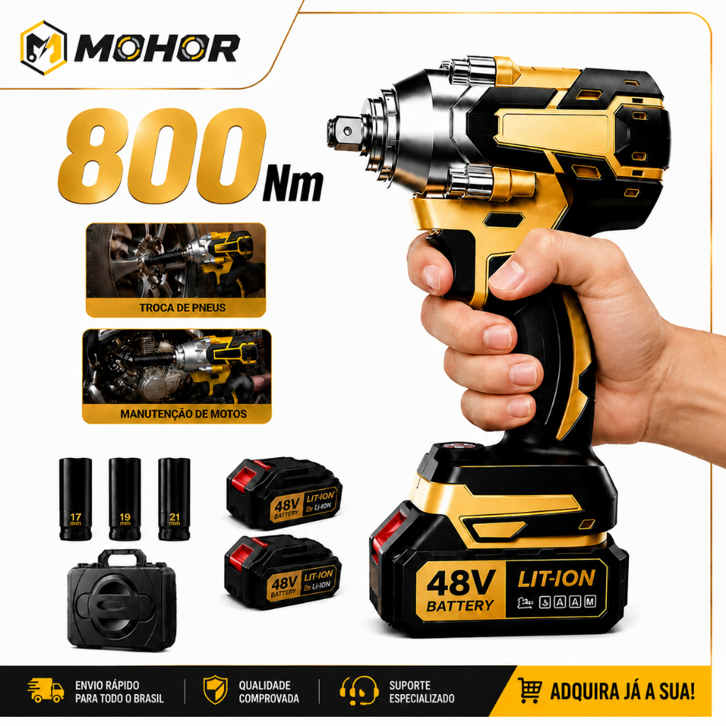 Chave de Impacto Elétrica Sem Fio 800Nm Profissional Furadeira Parafusadeira Brushless com Maleta + 2 Baterias
