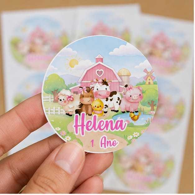 Adesivos Redondo Fazendinha Rosa Menina Personalizado para Festa Infantil 6x6 cm Lembrancinhas Caixinha Decoração.
