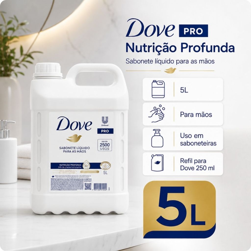 Sabonete Líquido 5L Dove Nutrição Profunda Para Mãos Uso Profissional Antibacteriano Hipoalergênico