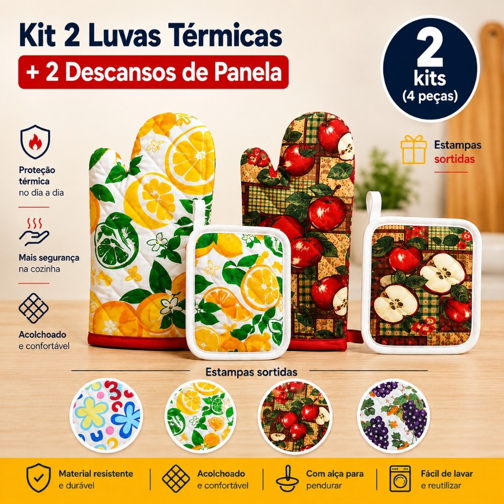 Kit 2 Luva Térmica Forno Fogão Cozinha + 2 Descanso de Panela Pegador Térmico  Panela Quente 4 Peças