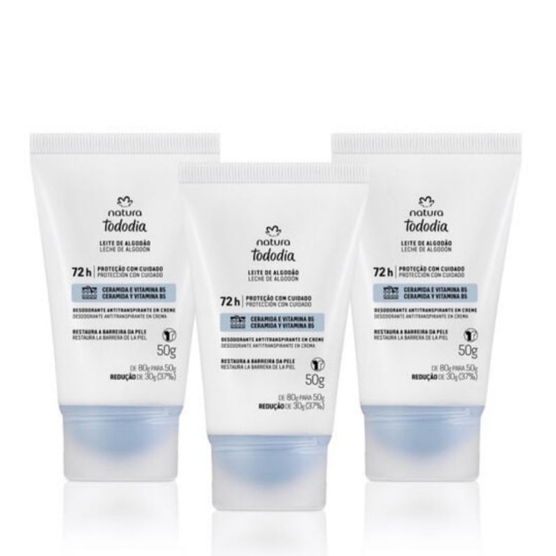 Kit com 3 creme antitranspirante Natura Tododia Algodão 50g