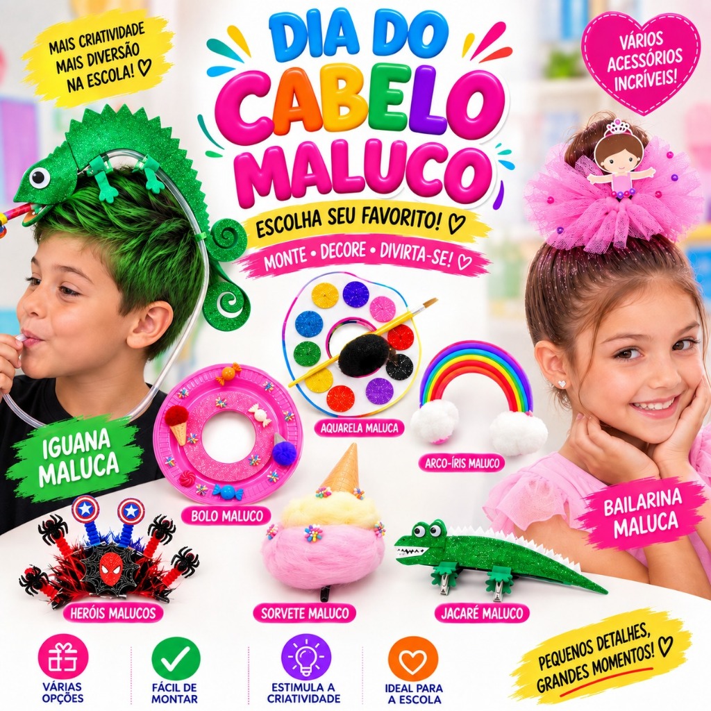 Cabelo Maluco Kit Acessórios Infantil Criativo para Escola Festa Penteado Menino Menina