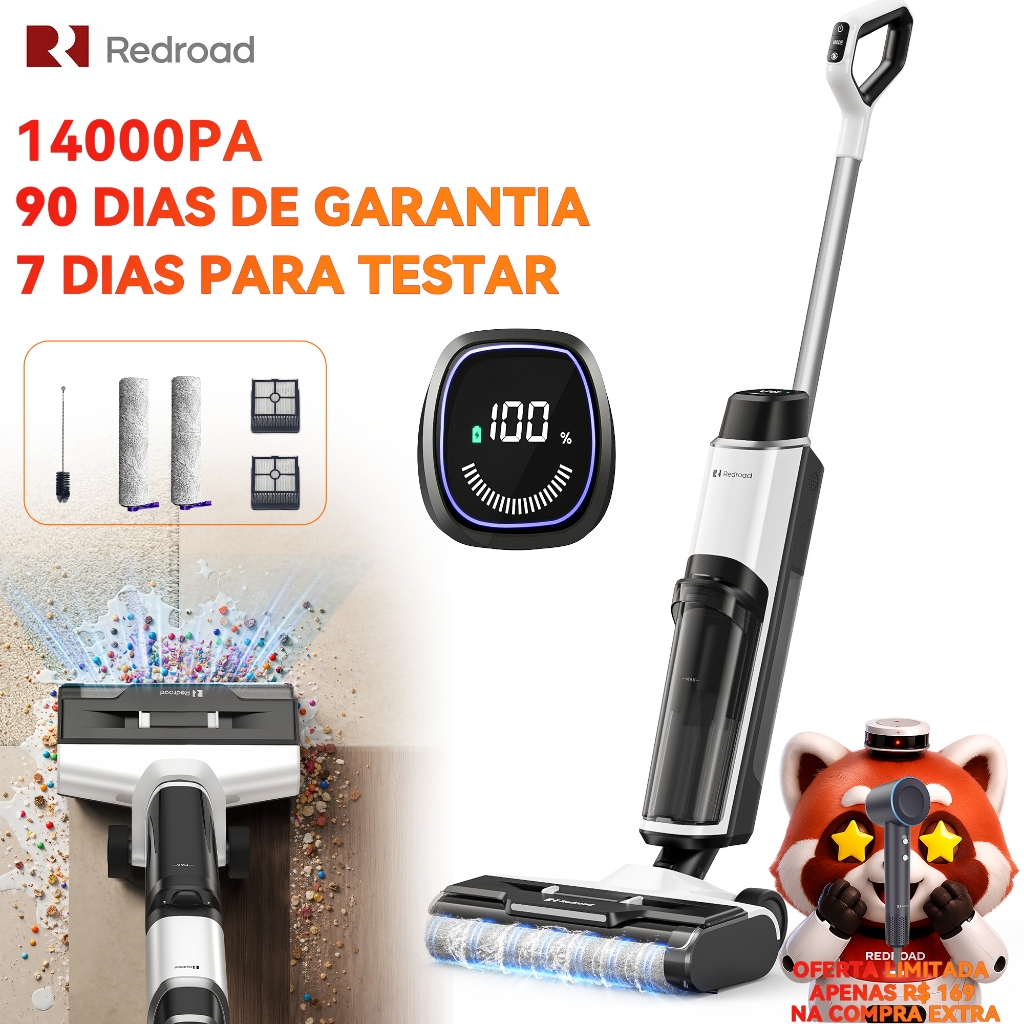 Aspirador Limpador de Piso 3 em 1 aspira lava e limpa Autolimpeza Tanque 910ml Tela LED Bivolt 100-240V Redroad W15