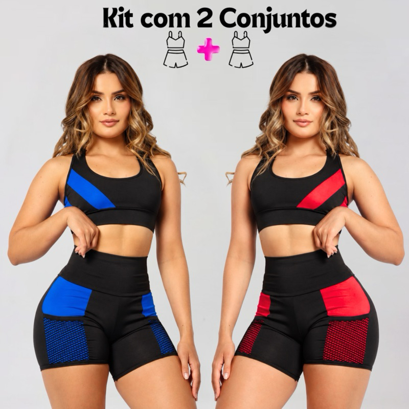 Kit 2 Conjuntos Short e Top Moda Fitness Feminino Suplex Confortável Academia Cintura Alta Compresão