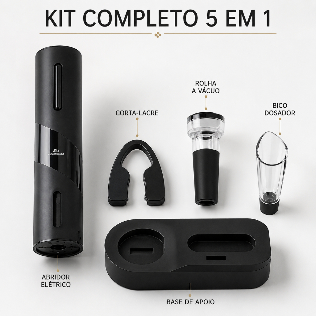 Kit Abridor de Vinho Elétrico 5 em 1 Saca Rolhas Corta Lacre Dosador Vácuo Base