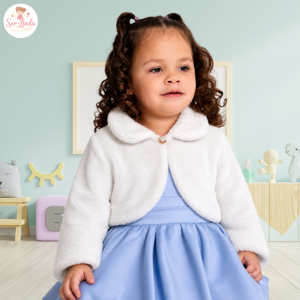 Bolero Infantil Plusher Menina Off-White Casamento Casaco Luxo Casaquinho Pelinho Gola