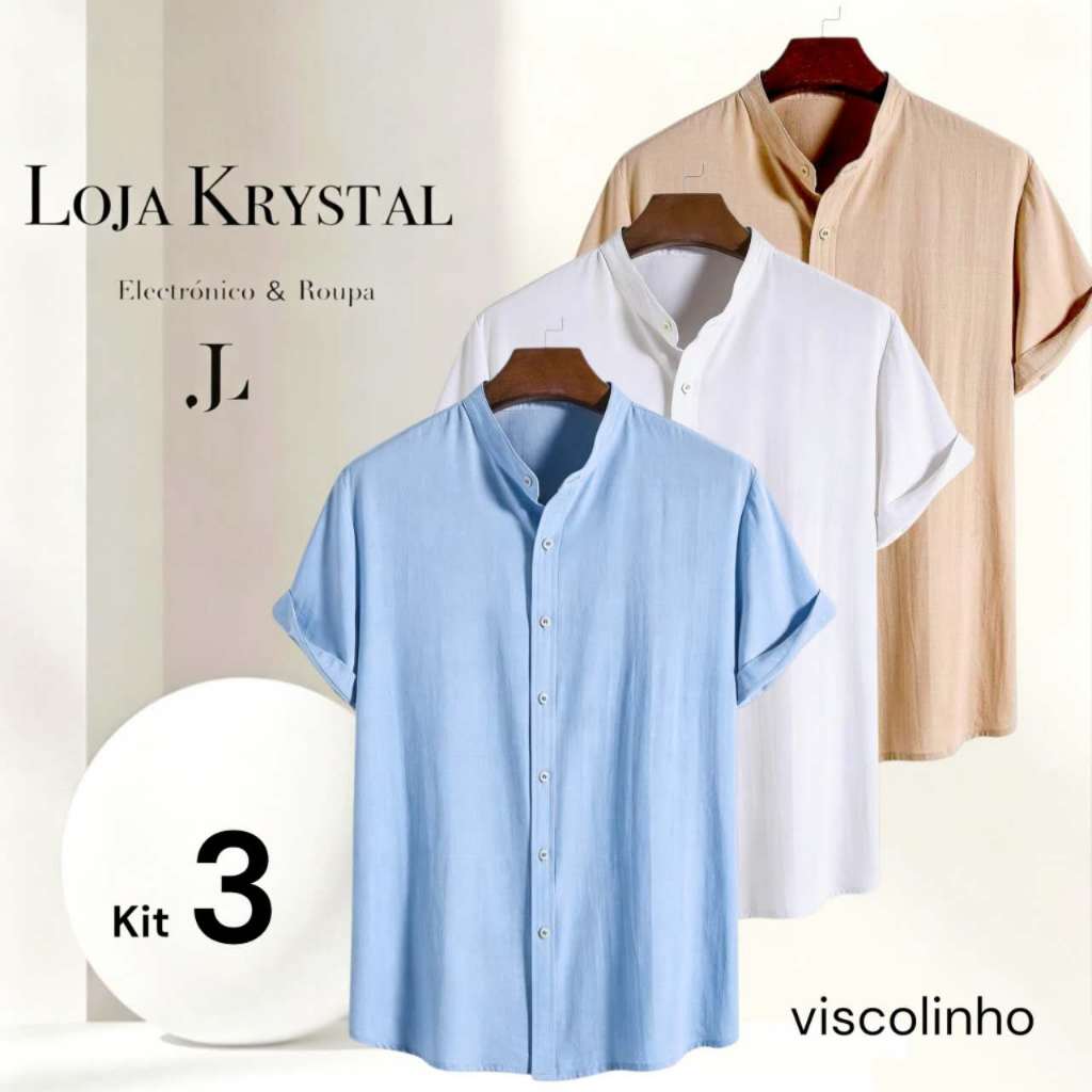 KIT 3 Camisa Social Masculina Manga Curta Gola Padre Aspecto de ViscoLinho - Cores Variadas - Confortável