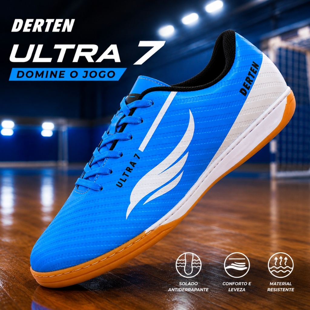 Chuteira Futsal Derten Ultra 7 Esportiva Futebol Tênis Salão Quadra Lisa Adulto Infantil Original