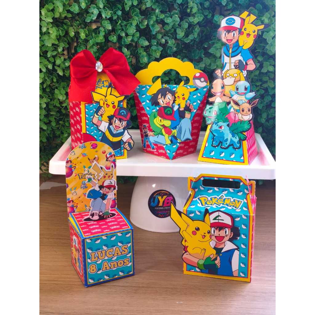 Kit Caixas Pokemon,Personalizado com Nome e Idade,Festa Infantil,Pikachu,Com Aplique 3D,Lembrancinha,Mimo