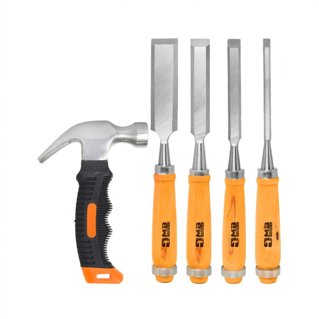 Kit Marceneiro Formão Jogo 4 Peças com Mini Martelo Entalhe e Acabamento Pofissional Cabo de Madeira