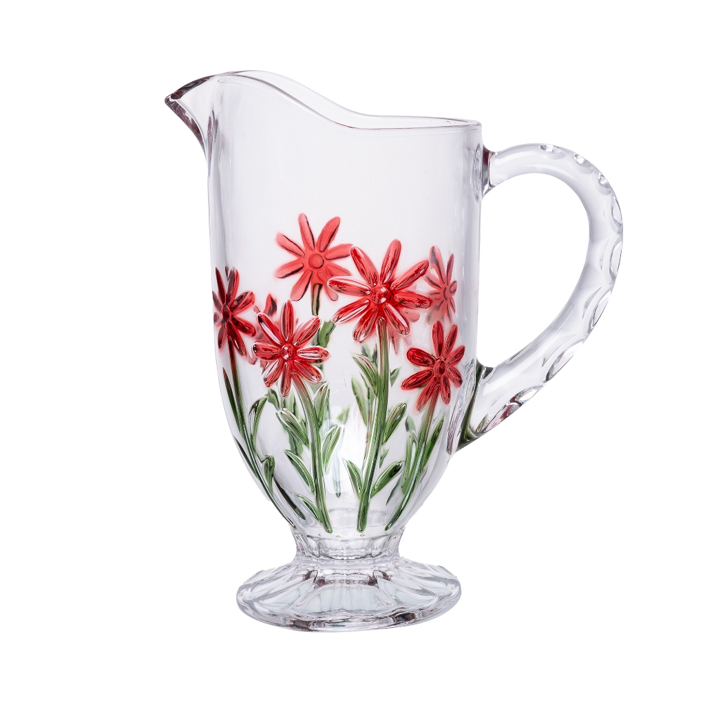 Jarra Red Flower 1,3L Vidro para Agua Suco Bebidas Mesa Posta Servir e Decoração de Mesa Qualidade Elegância Praticidade
