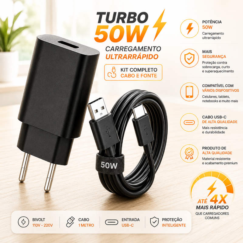{ORIGINAL} KIT Carregador Fonte e Cabo Turbo 50W USB-C Tipo C Para Celular Android Resistente