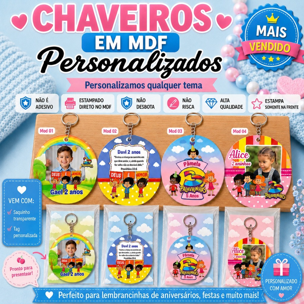 Kit Chaveiro 3 Palavrinhas em MDF Personalizado Lembrancinha Festa Aniversário