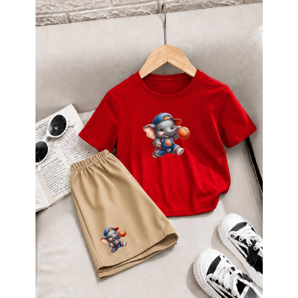 Conjunto Infantil Masculino Casual Camiseta Básica + Short de Moletom Confortável e Moderno Estampa de Elefante Basquete