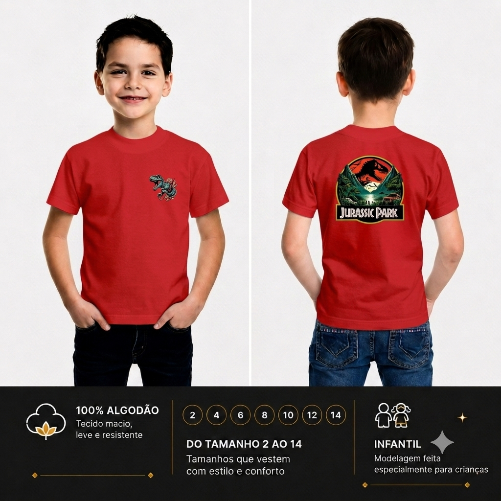 Camiseta Infantil Dinossauro Menino Estampa Frente e Costas Jurassic Park Roupa Infantil Camiseta Dino Algodão