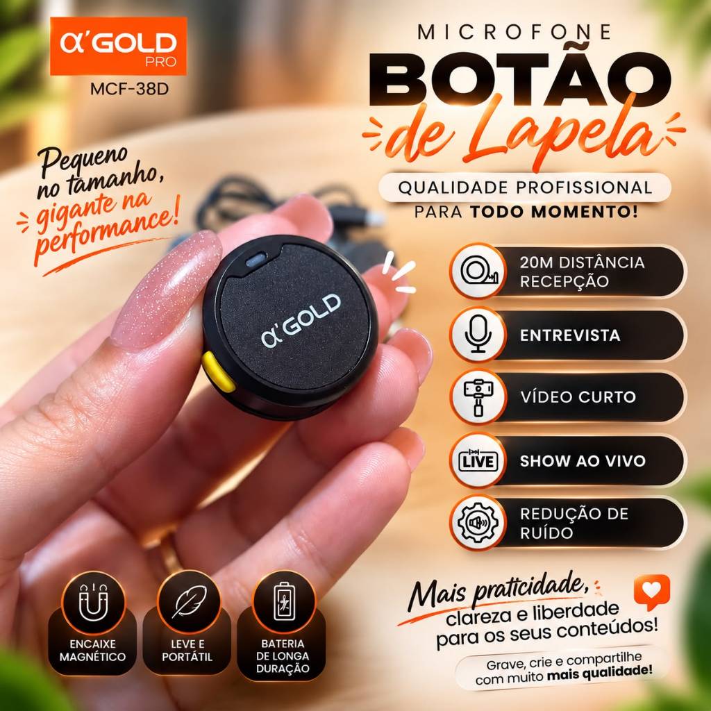 Microfone de Lapela Sem Fio AGOLD MCF-38D Duplo Magnético 2 em 1 para Celular iPhone Android
