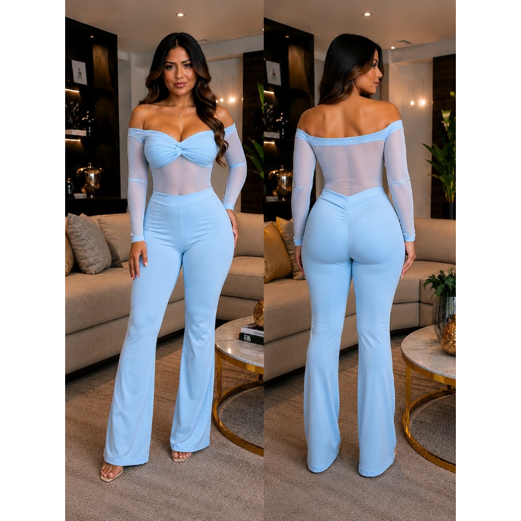MACACÂO FEMININO ELEGANTE CALÇA FLARE EN TECIDO SUPLEX BLUSA MANGA LONGA COM BOJO EN TULI