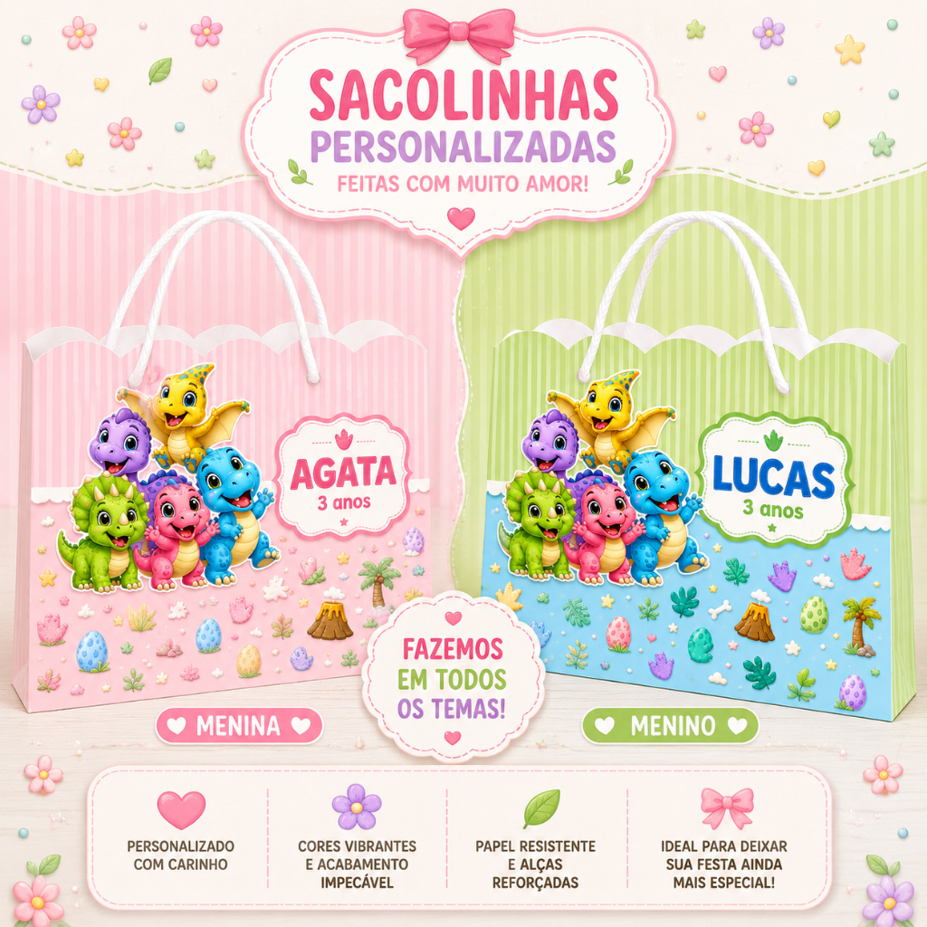 Sacolinha Personalizada para Festa Infantil | Lembrancinha com Nome | Vários Temas Disponíveis DINO BABY MENINO/MENINA