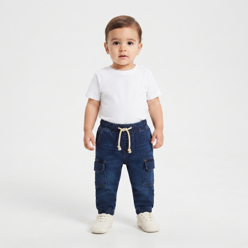 Calça jeans masculina bebe com lycra e cordão.