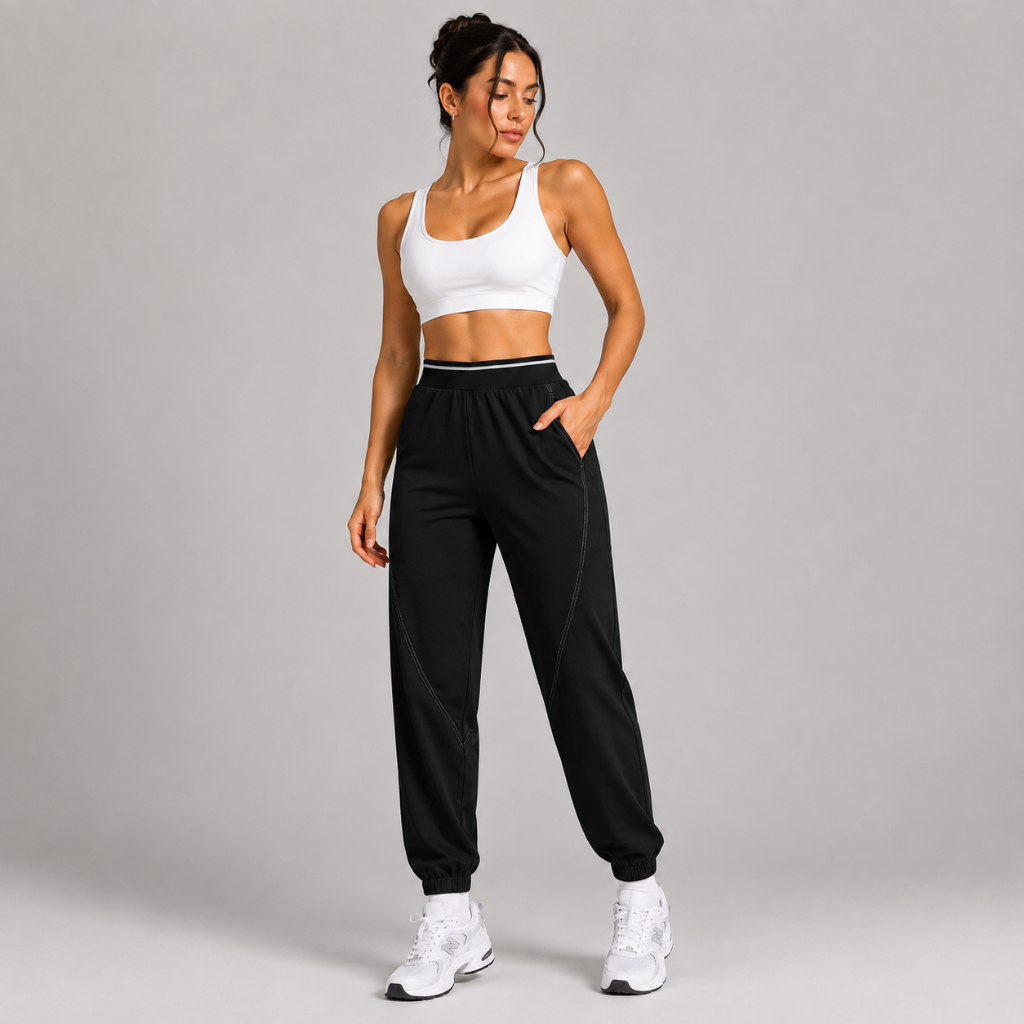 Calça Jogger Feminina Sem Logo Fitness Cós Alto Bolso Tecido Leve Academia Treino Caminhada Casual Confortável Moderna