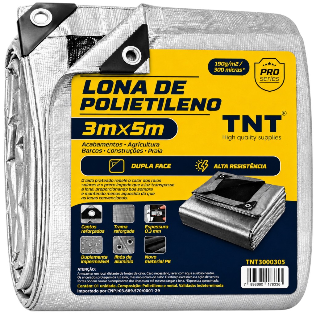 Lona 5X3 Cobertura Cinza Preta Impermeável 300 Micras Grossa 190g/m2 TNT