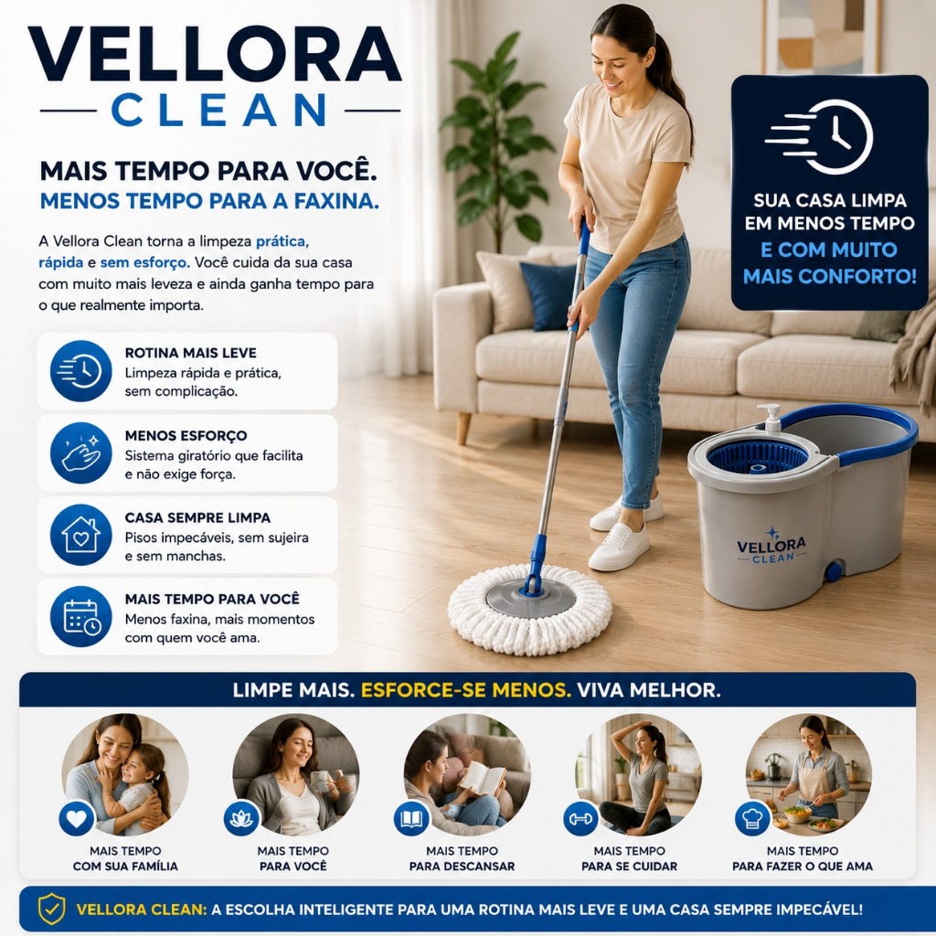 Mop Giratório com Balde 13L Vellora Clean, Esfregão com Centrífuga, Cabo Ergonômico para Limpeza de Pisos