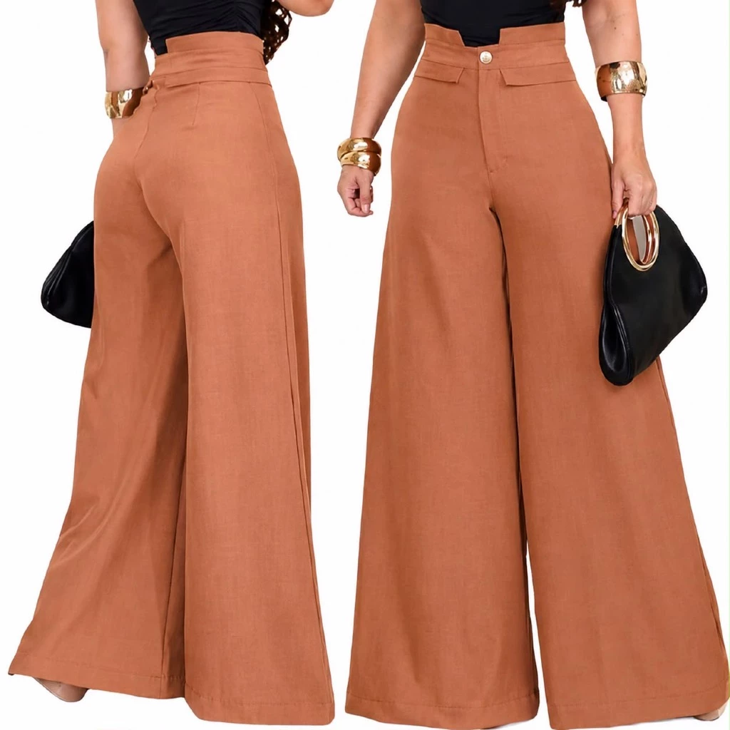Calça Pantalona Feminina Cós Alto Zero Transparência Ziper e Botão Frontal Moda Verão Chique Elegante — imagem 1
