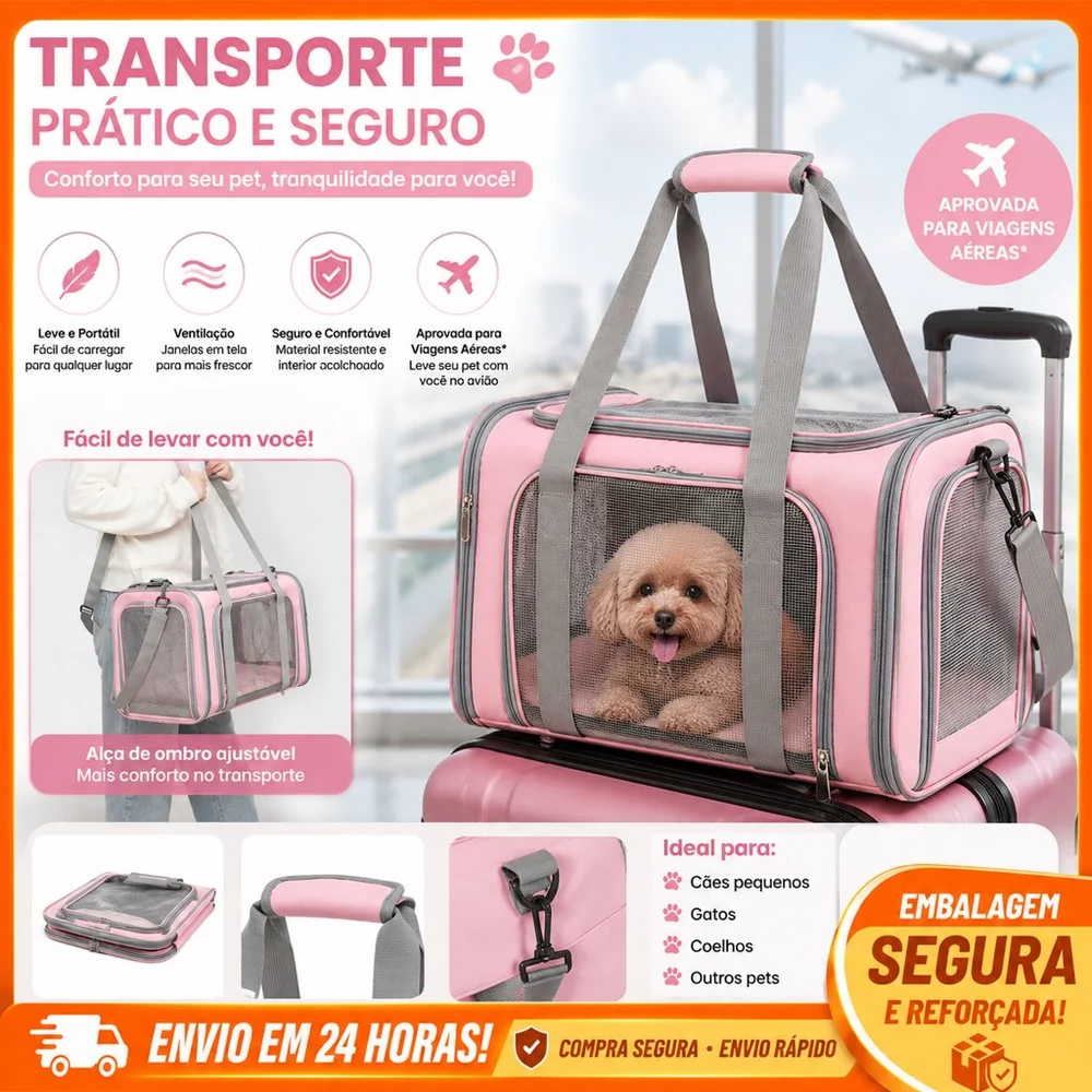 Bolsa Transporte Pet para Cães e Gatos Dobrável Mochila para Viagem Avião Cabine Leve e Resistente