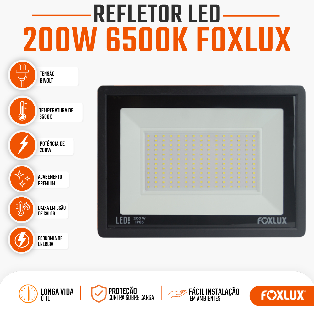 Refletor LED 200W Foxlux 6500K Branco Frio IP65 Bivolt Resistente a Água