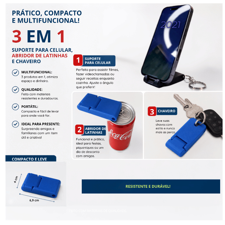 Chaveiro Multifuncional Suporte Para Celular Dobrável Portátil Universal Mesa Compacto Leve Resistente