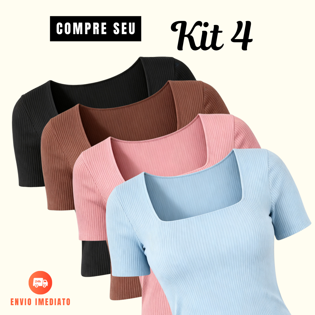 Kit com 4, 3, ou 1 und Blusas Feminina Ribana Canelada Gola Quadrada Básica Casual Estilosa Tendência Verão