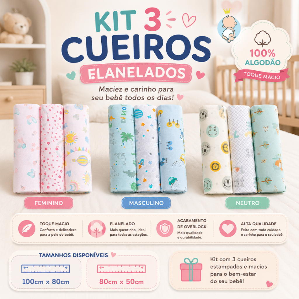 KIT 3 CUEIROS FLANELADOS PAPI 100x80cm - LINHA KARINHO