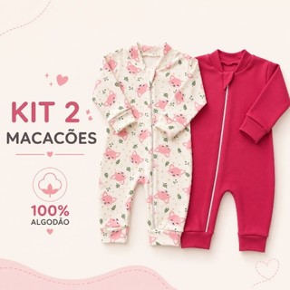 ​Kit 2 Macacões Bebê 100% Algodão ( Suedine) Estampa Bichinhos e Liso - Com Zíper Menina/Menino- Rn/P/M/G