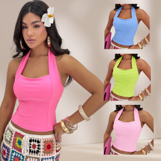 Blusa Feminina Top Halter Cropped Decote Frente Única Costas Nua Verão