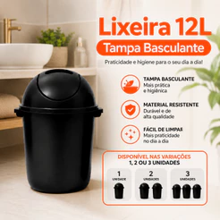 Lixeira 12 Litros Preta Tampa Basculante Cesto de Lixo para Cozinha Banheiro Escritório