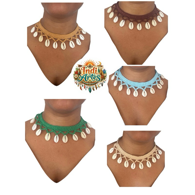 colar choker búzios em crochê sereia tendência verão/búzios naturais/moda praia