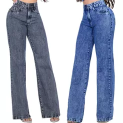 Kit 2 Calças Jeans Premium Wide Leg Feminina Modelagem Modeladora