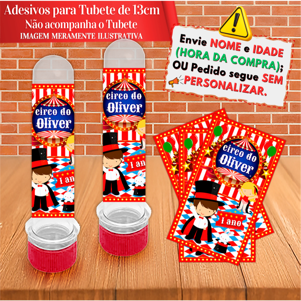 Rótulos Adesivos Personalizados Circo Mágico Palhaço para tubetes de 13cm