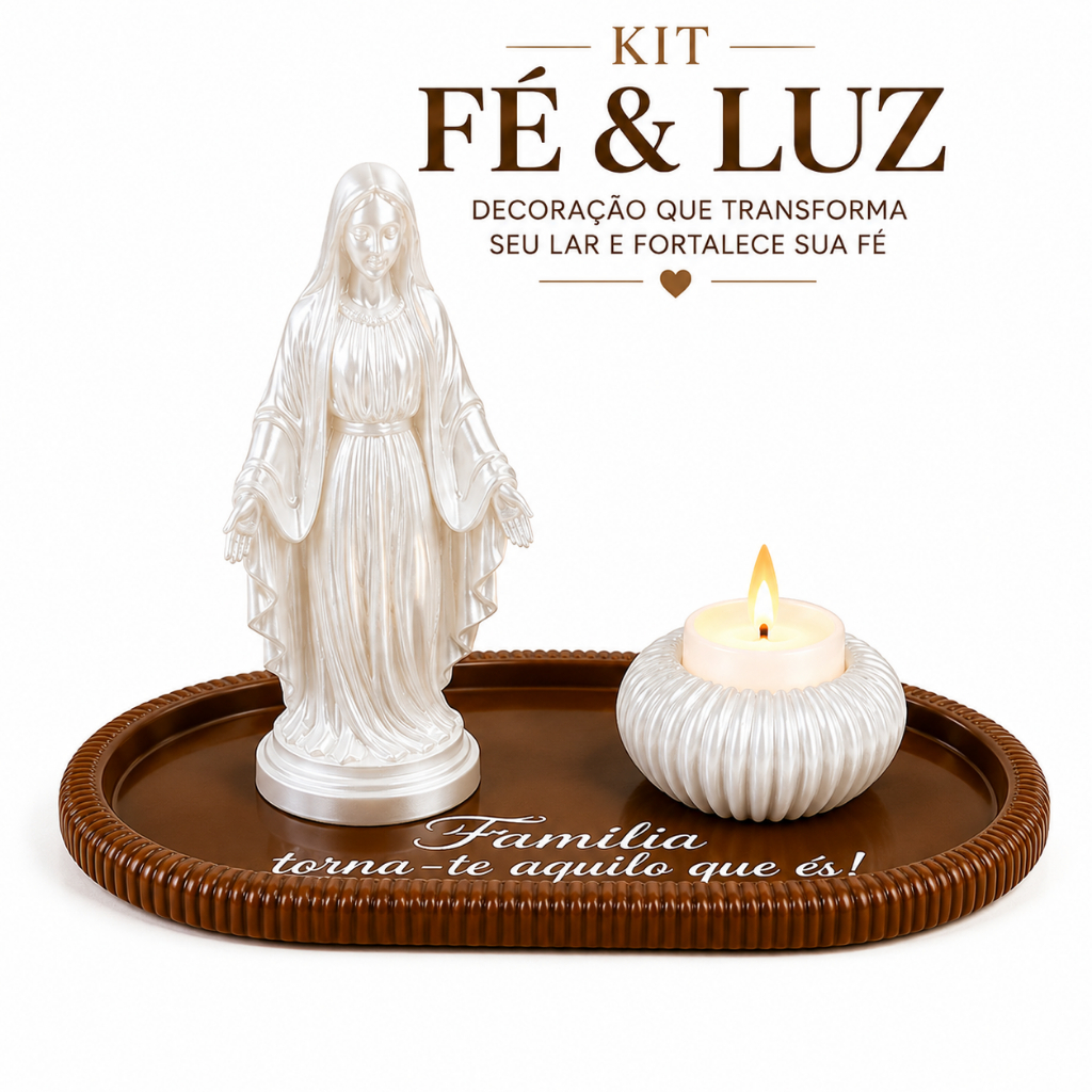 Kit Altar Católico Nossa Senhora das Graças com Bandeja Decorativa e Suporte para Vela LED Presente Religioso